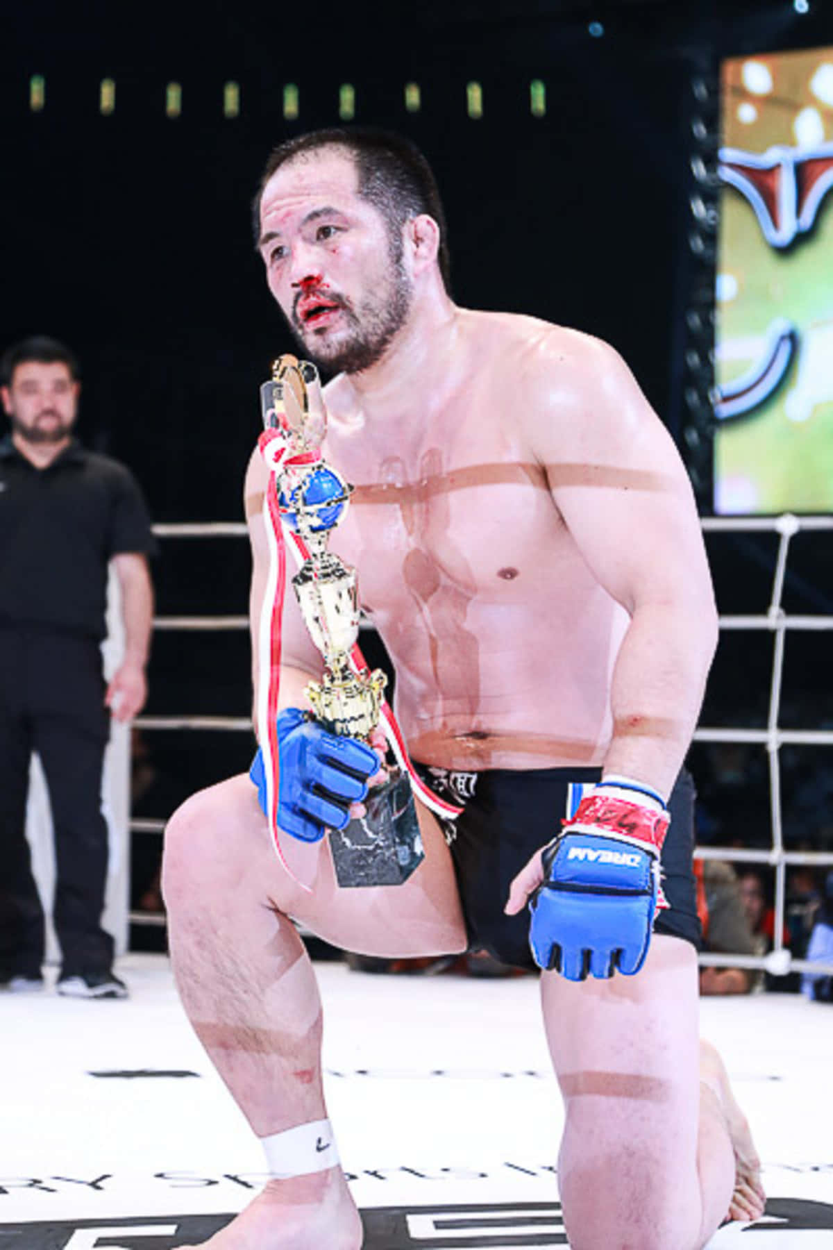 Японски MMA боец Хаято Сакурай с кърваво лице Тапет