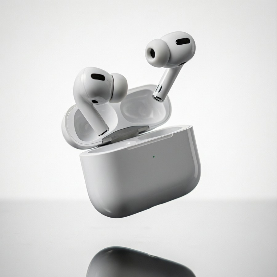AirPods, плаващи във въздуха, продуктова фотография