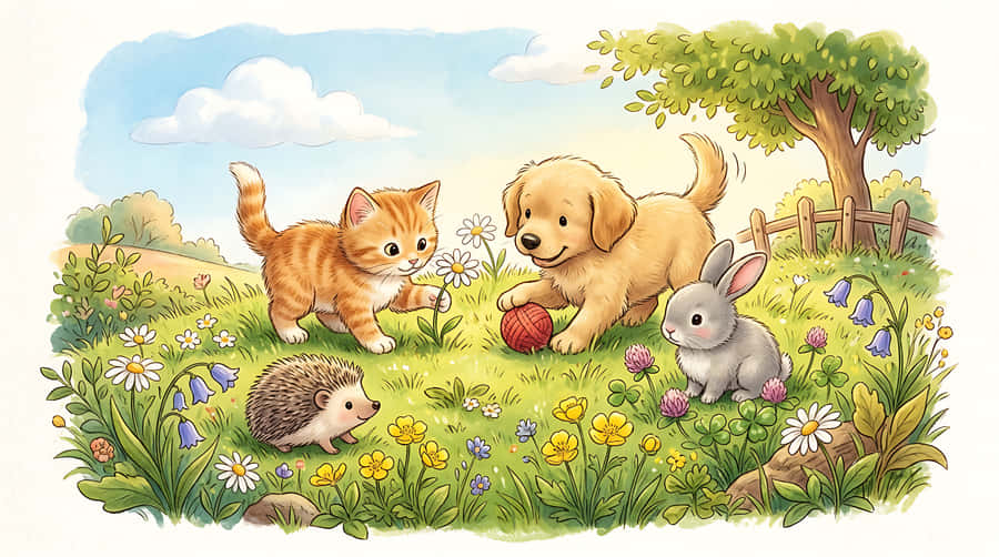 кученце, коте, зайче, таралеж, животни, поляна, цветя, пролет, лято, природа, на открито, акварел, илюстрация, сладко, кавай, деца, детска стая, приказка, книга с истории, нежно