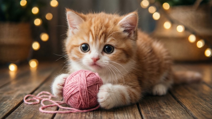 Очарователно коте си играе с прежда в уютна обстановка.