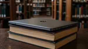 Chromebook, поставлен на книги в библиотека, идеален за теми за учене.
