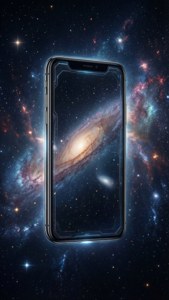Космически тапет с iPhone X, плаващ сред звезди.