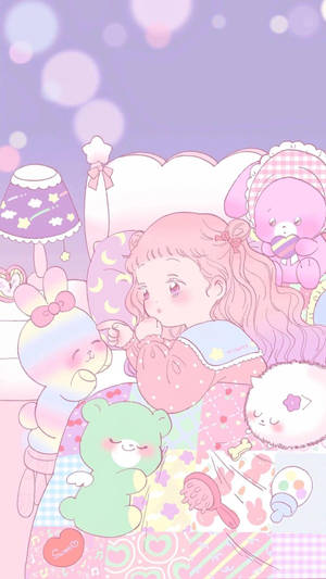 Kawaii аниме момиче на легло с плюшени играчки
