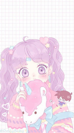 Kawaii аниме момиче с плюшено единорогче