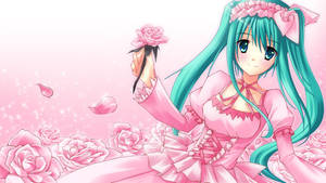 Kawaii аниме Хatsune Miku с розова рокля и рози