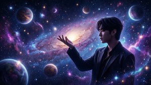 Космическа Kpop естетика със силует, протягащ се към звездите. — Kpop GIF Тапет