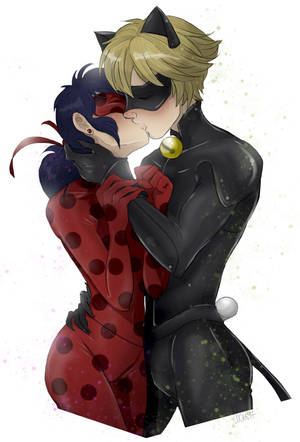 Ladybug и Cat Noir се целуват тапет в комикс стил