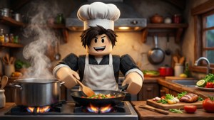 Готвите с гръм и трясък с аватар готвач от Roblox в оживлена кухня.