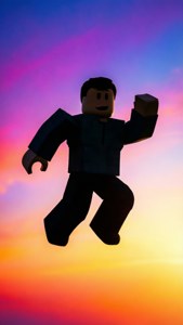 Минималистичен силует на Roblox аватар, скачащ в цветно небе. — iPhone 7 Тапет