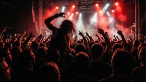 Emo естетика на концертен mosh pit с червено и черно осветление. — Емо естетика GIF Тапет