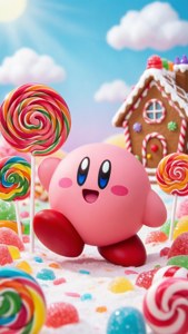 Кърби стои в бонбонена земя с близалки и меденки, ярко и сладко. — Kirby GIF Тапет