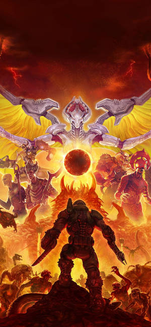 Тапет с арт от Doom Eternal, с Doom Slayer, който се изправя пред Кан Майкър и миньони.