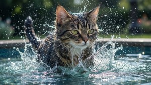 Елементален воден аниме котарак, който играе във фонтан.