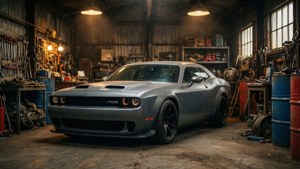 Серая Dodge Challenger Demon в ретро гараж 4K тапет