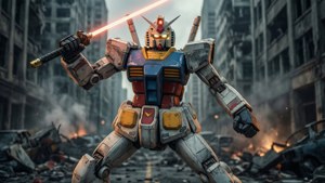 RX-78-2 Gъндам в драматична бойна стойка сред разрушен град.
