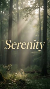 Бледозлатен надпис „Serenity“ над мъглива гора със светлинни лъчи, спокойна природна естетика. — Естетични думи Тапет