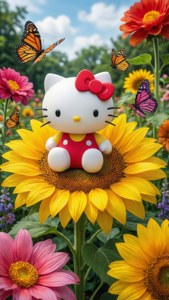 Hello Kitty седи на върхът на гигантски слънчоглед в цветна градина. — Hello kitty GIF Тапет