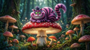 Чеширският котарак върху огромна гъба в омагьосана гора. — Чеширски котарак Тапет