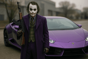 DC Comics, Жокер, фон със суперавтомобил, лилаво естетично, снимки на DC Comics, фон за злодей, лилав костюм