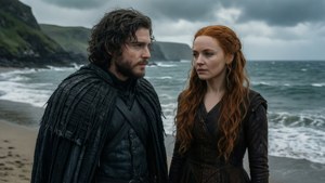 Джон Снян и Денерис споделят момент в Дragonstone през Сезон 8. — Игра на тронове сезон 8 Тапет
