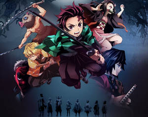 Тапет на Demon Slayer с Танджиро заедно с Недзуко и Хаширите.