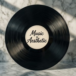 Винилова плоча с текст 'Music Aesthetic' върху мраморен минимализъм. — Музикална естетика Тапет