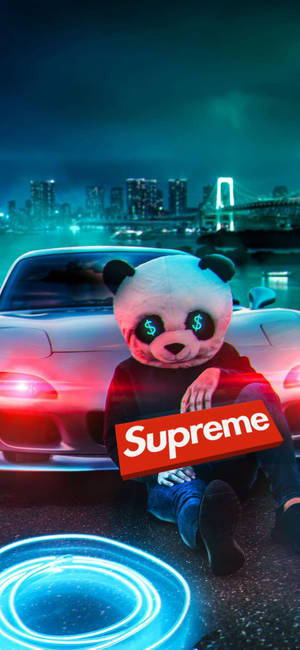 Червено Supreme на фон с панда — iPhone 12 Тапет