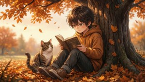 Аниме дете чете книга с котка под дърво през есента. — Аниме деца Тапет