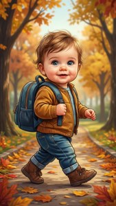 Карикатурно бебе, разхождащо в парк през есен — iPhone 5 Тапет