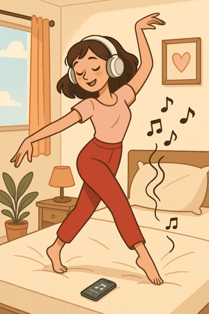 Жена, музикален естетически фон, слушалки, Spotify, танц, фон за спалня, фон с жена, танцуване на музика, сладка естетика