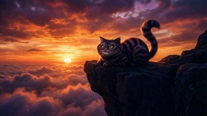 Силoует на Чеширския котарак на фона на цветен залез. — Чеширски котарак Тапет
