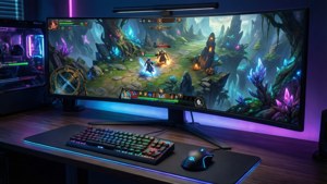 Зашемляющо фотореалистично гейминг бюро с RGB светодиоди и извит монитор. — Игри GIF Тапет