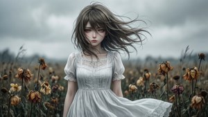 Аниме момиче в изсъхша нива, тъжна и развяна от вятра. — Тъжен аниме GIF Тапет
