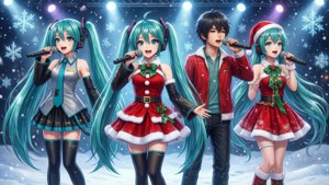 Vocaloid герои изпълняват коледен концерт на снежна сцена