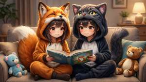 Две аниме деца в животински пижами четат книга заедно на уютен диван. — Аниме деца Тапет