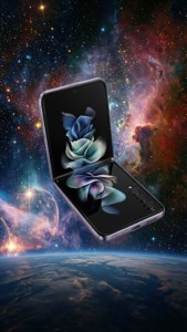 Z Flip 5, плаващ в открития космос с ярка мъглявина и звезден фон.