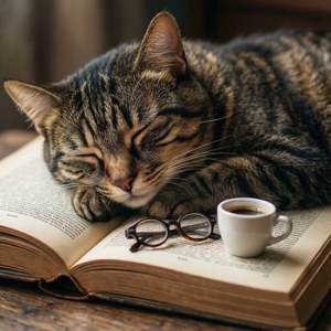 Котка спи на книга с очила и кафе. — Котка Тапет