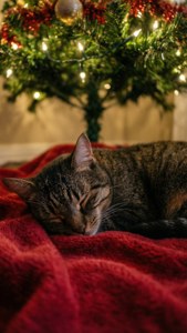 Спяща котка под коледна елха със светлини. — Уютна коледна естетика Тапет