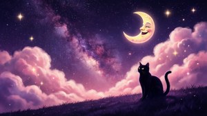 Причудливо естетично нощно небе с усмихната луна и силует на котка — Сладка естетика GIF Тапет