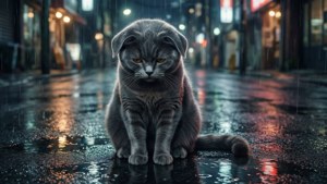 Самотна сива котка в дъжда — Аниме котка Тапет