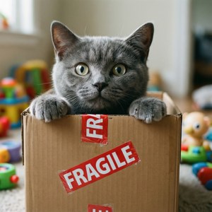 Сера котка наднича от картонена кутия. — Котка Тапет