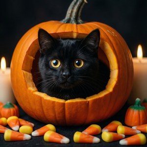 Сладка черна котка, надничаща от фенер за Хелоуин с царевични бонбони. — Сладък Хелоуин Тапет