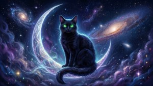 Мистична черна котка върху полумесец — Аниме котка Тапет