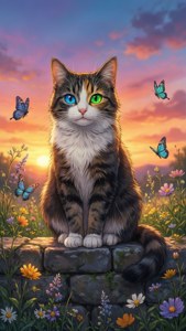 Красива котка с разноцветни очи сред поляна — Аниме котка Тапет