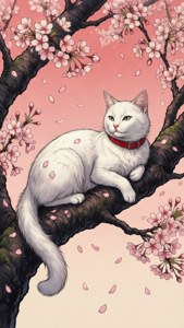 Елегантна котка, почиваща на клон сакура — Аниме котка Тапет