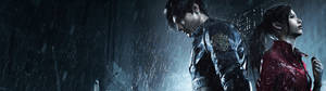 Resident Evil 2 Remake Леон Скот Кенеди и Клер Редфийлд двоен екран HD тапет. — 32:9 Тапет
