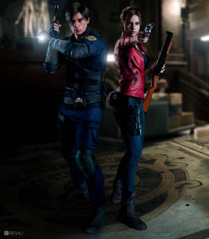 Resident Evil 2 тапет на Леон и Клер гърб до гърб вътре RPD станция — Tecno Phantom V Fold2 Тапет