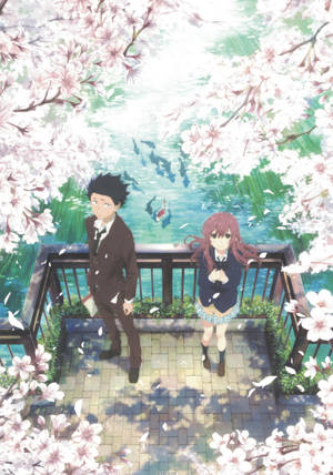 Тапет с двойка от A Silent Voice, сакура и езеро — Oppo Pad 5 Pro Тапет