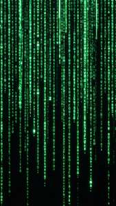 Зелен матричен код като дъжд върху черно, идеален тапет за OLED демонстрация.