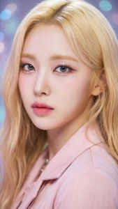Близък портрет на женски Kpop айдол с мека пастелна естетика